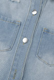 Blue Street Solid Patchwork Pocket Buckle Turndown Collar Long Sleeve Regular Distressed Ripped Denim Jacket