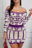 Burgundy Casual Geometry Print Patchwork Long Sleeve Two Pieces Off the Shoulder Tops And Skirt Sets