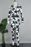 Black White Street Star Print Patchwork O Neck Long Sleeve Two Pieces Crop Tops And Pants Sets