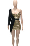 Gold Celebrities Color Block Patchwork Contrast One Shoulder Pencil Skirt Dresses