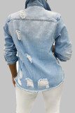 Baby Blue Street Solid Patchwork Pocket Buckle Turndown Collar Long Sleeve Regular Distressed Ripped Denim Jacket
