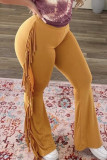 Gelbe, lässige einfarbige Hose mit einfarbigem Quasten-Patchwork und normaler mittlerer Taille