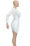 ホワイトセレブカラーブロックパッチワークコントラストワンショルダーペンシルスカートドレス