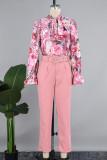 Roze casual printbandage met riem, twee stukken met lange mouwen