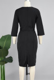 ブラック カジュアル ソリッド ベルト V ネック ペンシル スカート ドレス