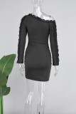 White Casual Solid Patchwork Oblique Collar Long Sleeve Dresses