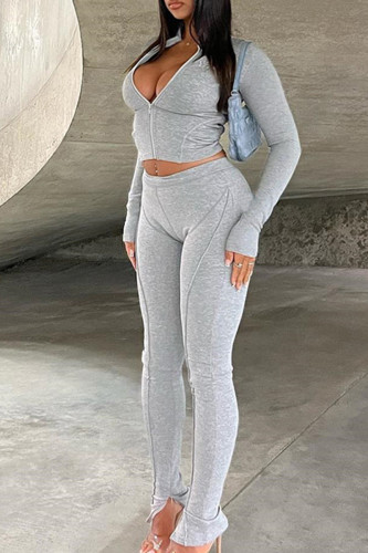 Grey Casual Solid Patchwork Slit Zipper Mandarin Collar Long Sleeve Two Pieces