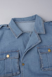 Azul rua sólido retalhos bolso botões zíper turndown colarinho manga longa macacões jeans regulares