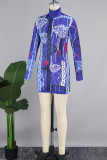 Blaue Street-Print-Patchwork-Kleider mit Rollkragen und hohem Öffnungsmuster