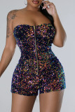 Black Casual Sequins Patchwork Zipper Strapless Skinny Rompers