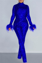 Синяя сексуальная лоскутная прозрачная водолазка с блестками и длинными рукавами из двух частей
