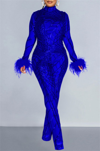 Blue Sexy Patchwork Sequins See-through Turtleneck Long Sleeve Two Pieces
