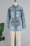 Light Blue Street Embroidery Patchwork Pocket Buttons Zipper O Neck Long Sleeve Two Pieces