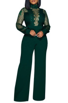 Ink Green Sexy Casual Patchwork See-through Turtleneck Regular Jumpsuits