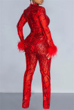 Красная сексуальная лоскутная прозрачная водолазка с блестками и длинными рукавами из двух частей