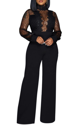 Black Sexy Casual Patchwork See-through Turtleneck Regular Jumpsuits