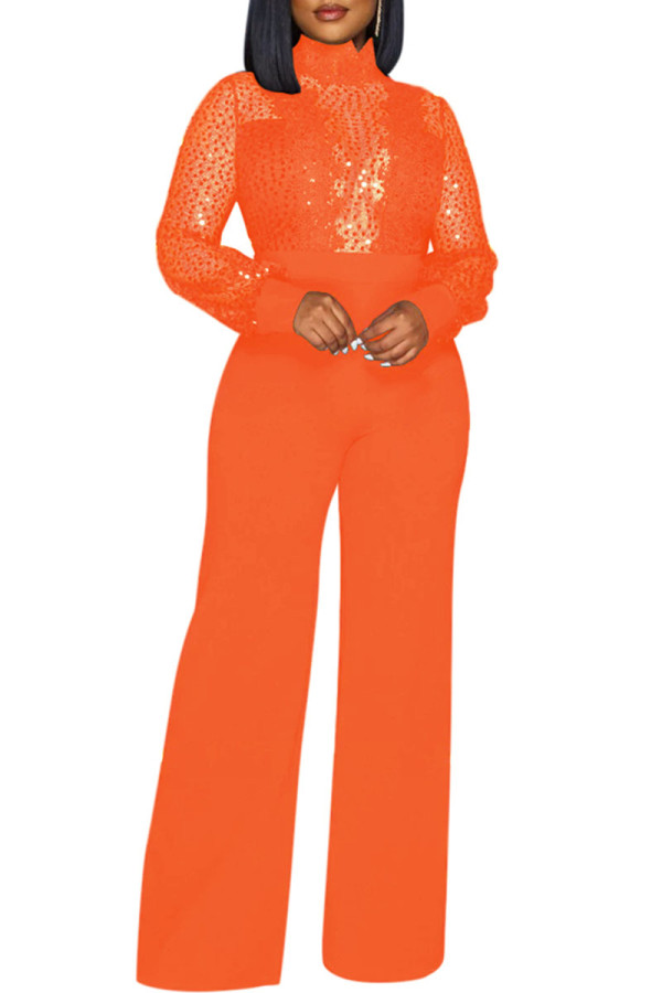Oranje sexy casual patchwork doorzichtige coltrui normale jumpsuits