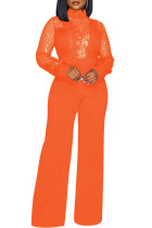 Orange Sexy Casual Patchwork See-through Turtleneck Regular Jumpsuits