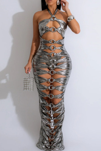 Grey Sexy Solid Hollowed Out Patchwork Metal Accessories Decoration Halter Long Dress Dresses