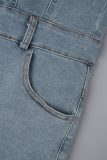 Light Blue Sweet Solid Patchwork Pocket Buckle Turndown Collar Long Sleeve Mid Waist Regular Romper Denim Jumpsuits