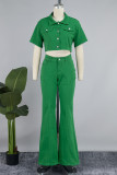 Армейский зеленый винтажный однотонный лоскутный карман с пряжкой и пуговицами на молнии с отложным воротником с короткими рукавами из двух предметов