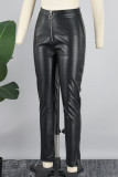 Черные однотонные однотонные брюки-карандаш с высокой талией и застежкой-молнией для уличного использования в стиле пэчворк