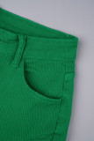 Verde militar vintage sólido patchwork bolso fivela botões zíper gola aberta manga curta duas peças