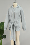 Grey Casual Solid Bandage Patchwork Draw String Tops