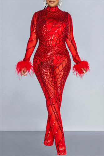 Красная сексуальная лоскутная прозрачная водолазка с блестками и длинными рукавами из двух частей