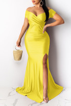 Желтое элегантное однотонное вечернее платье в стиле пэчворк с V-образным вырезом Платья