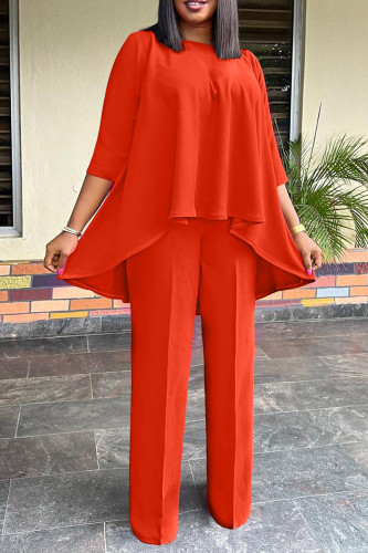 Tangerine Red Casual Solid Patchwork O Neck Three Quarter Two Pieces T-shirt Tops And Pants Sets
