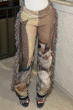 Pantalones de color caqui con estampado de calle y patchwork con borlas, rectos, cintura media, rectos, con estampado completo