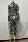 Black Elegant Print Patchwork With Belt V Neck Pencil Skirt Dresses（Belt Included）