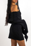 Zwarte elegante effen patchwork-jurken met gevouwen schouderrok en wikkelrok
