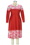Vestidos vermelhos elegantes estampados patchwork com decote em O manga comprida plus size