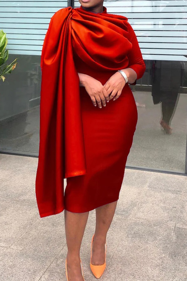 Vestidos de falda lápiz con cuello redondo y pliegue liso elegante rojo