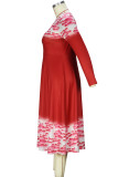 Красные элегантные лоскутные платья с круглым вырезом и длинными рукавами с принтом больших размеров