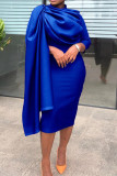 Vestidos de saia lápis azul elegante sólido patchwork dobrável com decote em O