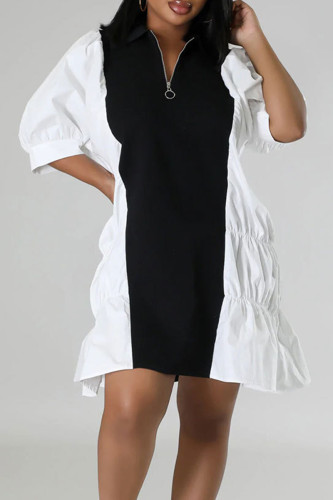 ブラック カジュアル カラー ブロック パッチワーク フォールド ジッパー ターンダウン カラー 半袖 ドレス ドレス