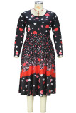 Schwarz-rotes, elegantes Patchwork-Kleid mit O-Ausschnitt und A-Linie in Übergröße