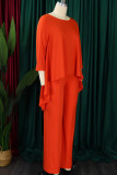 Tangerine Red Casual Solid Patchwork O Neck Three Quarter Two Pieces T-shirt Tops And Pants Sets