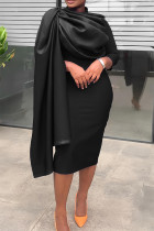 Black Elegant Solid Patchwork Fold O Neck Pencil Skirt Dresses