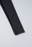 Vestidos longos pretos casuais com fenda em patchwork e gola alta
