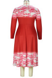 Rote, elegante, bedruckte Patchwork-Kleider mit O-Ausschnitt und langen Ärmeln in Übergröße
