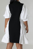 Zwarte casual kleurblok patchwork vouw rits kraag korte mouw jurk jurken