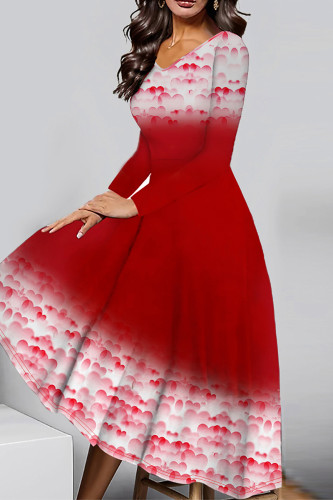Red Elegant Print Patchwork O Neck Long Sleeve Plus Size Dresses