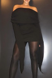 Schwarze, elegante, einfarbige, schulterfreie Patchwork-Kleider mit Wickelrock