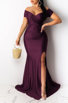 Burgundy Elegant Solid Patchwork V Neck Evening Dress Dresses