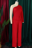 Rosso elegante solido patchwork con spacco che borda una spalla manica lunga due pezzi