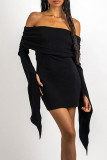Zwarte elegante effen patchwork-jurken met gevouwen schouderrok en wikkelrok